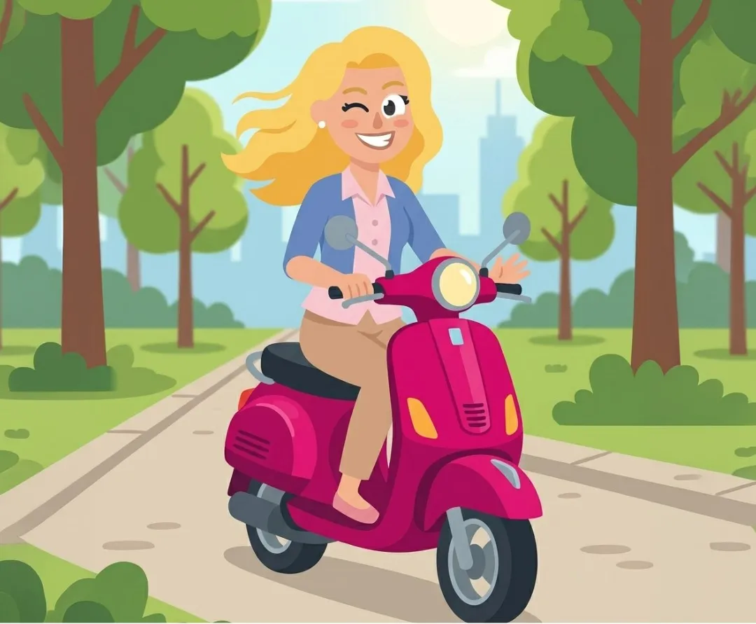 Illustrazione: una ragazza in scooter su una strada alberata